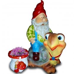 Deko - Figur Reitender Gartenzwerg mit Schildkröte und Pilz